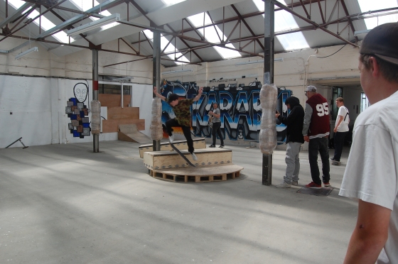 Skaters in the Karabu warehouse